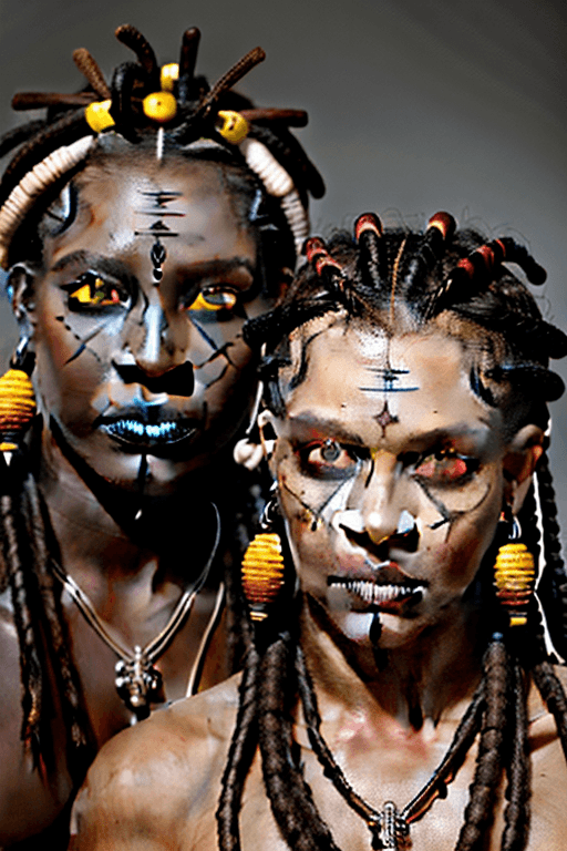 AI generated: Two male voodoo priests,  damballa, dark complexion, voodoo symbols on face, dark brown and white vo...