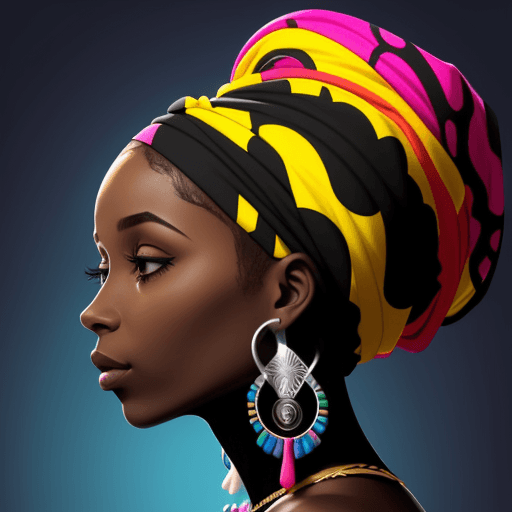 AI generated: Black silhouette of african american woman in a colorful head wrap and with an earring. Beautiful bl...