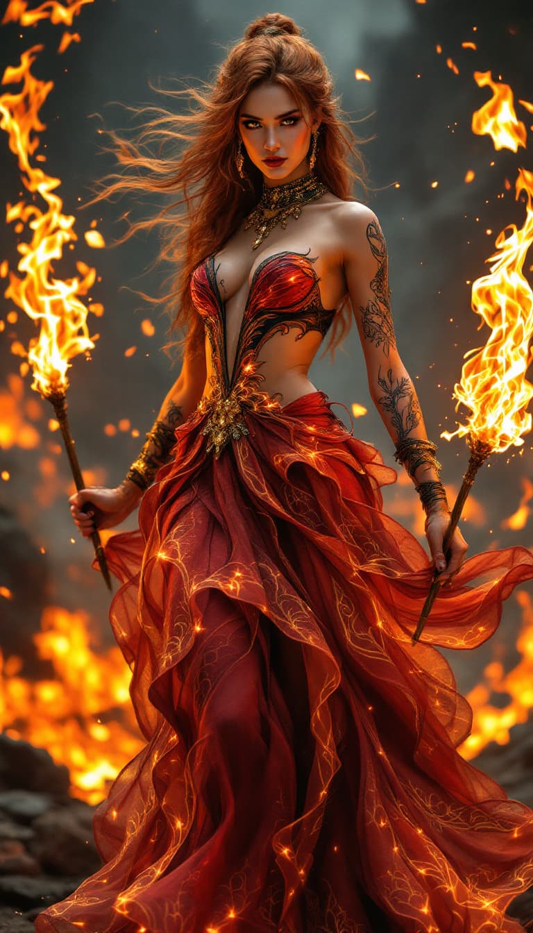 AI generated: An ultra-realistic, full-body portrait of a mesmerizing fire dancer woman, radiating intense power w...