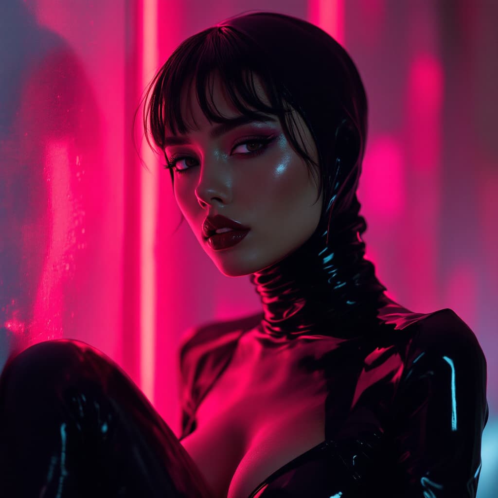 AI generated: high fashion, vintage latex outfit, in the style of joong keun lee, intense shadows, smooth and shin...
