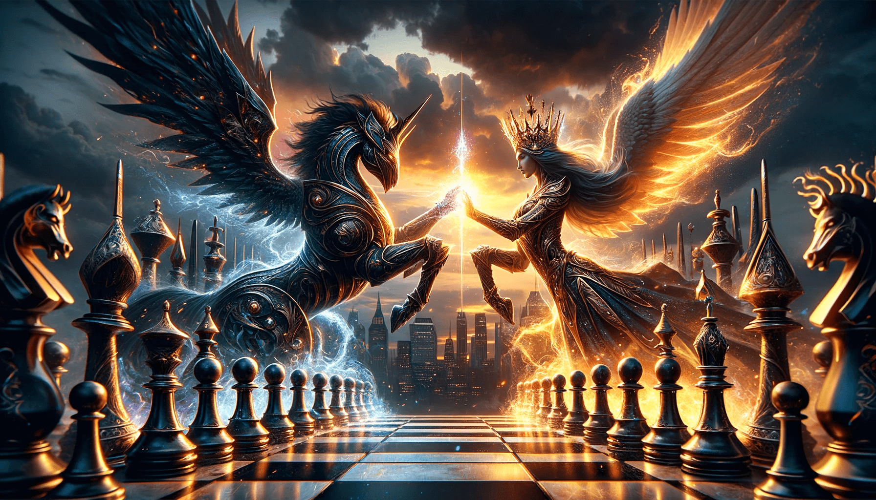 AI generated: Create a majestic and detailed digital artwork inspired by an epic battle between two mythical chess...