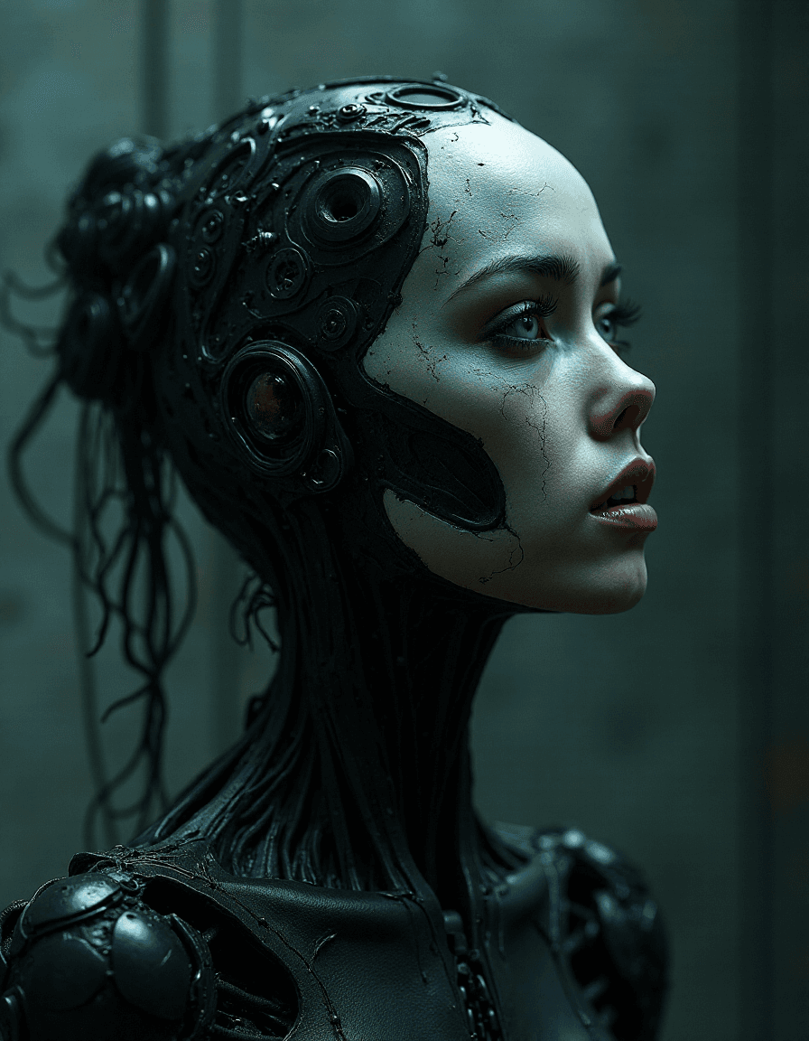 AI generated: dark shot, ethereal semi-ghost woman, biomechanical details, hyperdetailed, metal