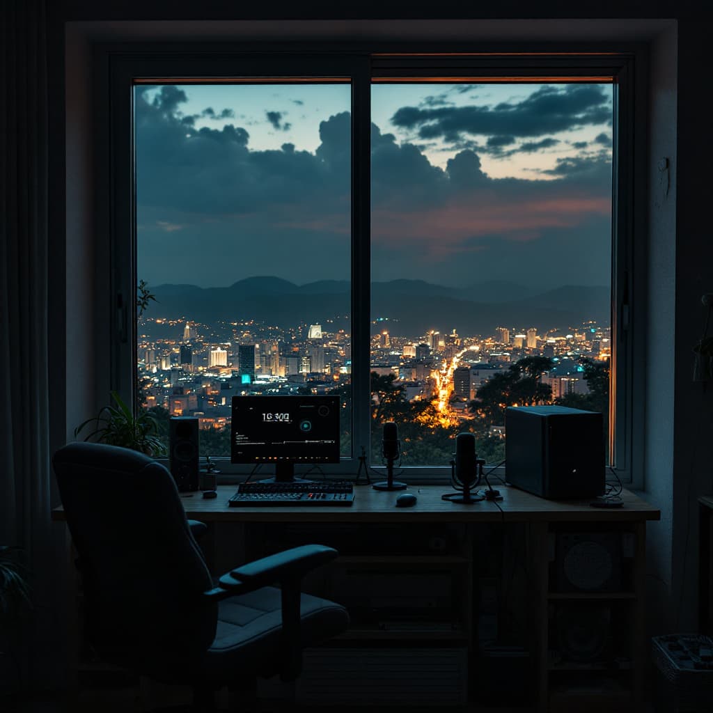 AI generated: A 2000's PC setup in a room. In the window you can see The City San felipe, estado Yaracuy  at night...