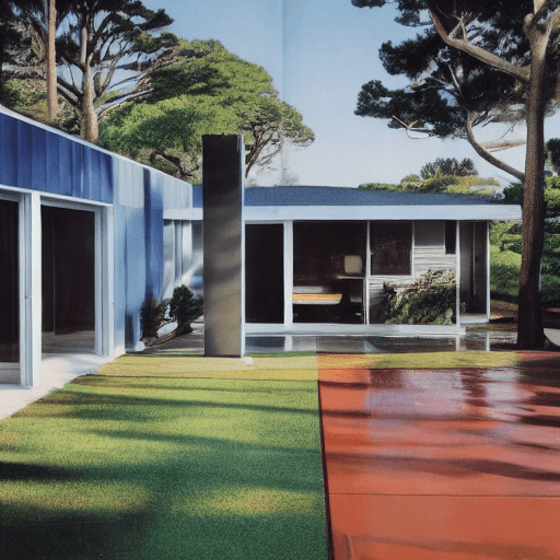 AI generated: Hyper realistic eye level exterior photo of a mid century modern style house overlooking the ocean, ...