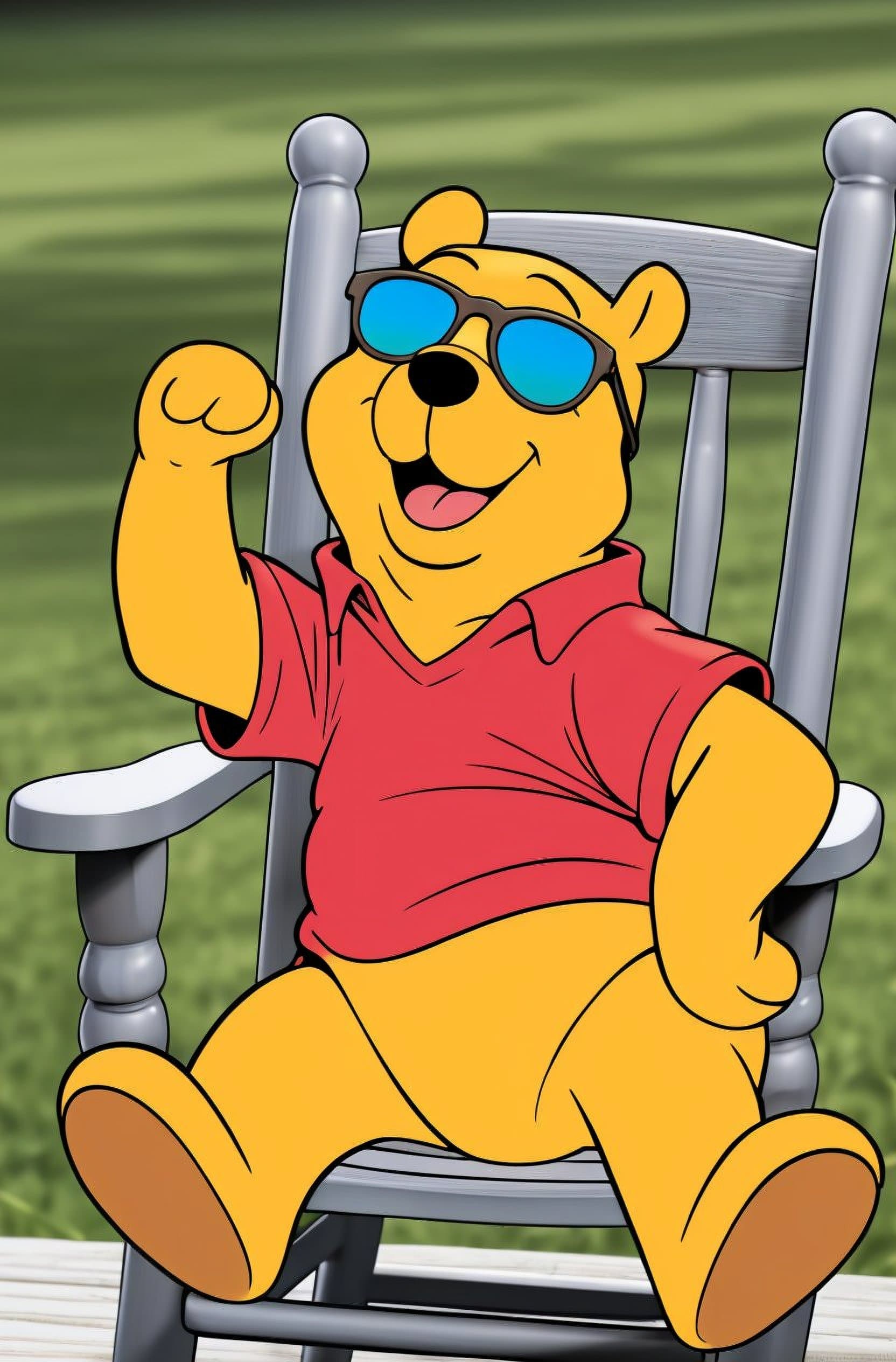 AI generated: winnie the pooh with sunglasses jumping off a chair, no watermark signature, insanely detailed, ((ma...