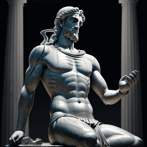 AI generated: greek statue of Poseidon, in meditation pose, reimagined by industrial light and magic,black, silver...