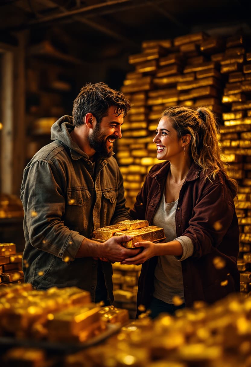 AI generated: 
(happy couple working together:1.5), (carrying heavy gold bricks:1.5), (inside a cozy and warmly li...