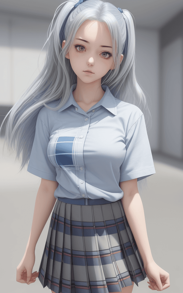 AI generated: Cute 18yo girl in plaid skirt showing her hair and shirt, in the style of anime aesthetic, silver an...
