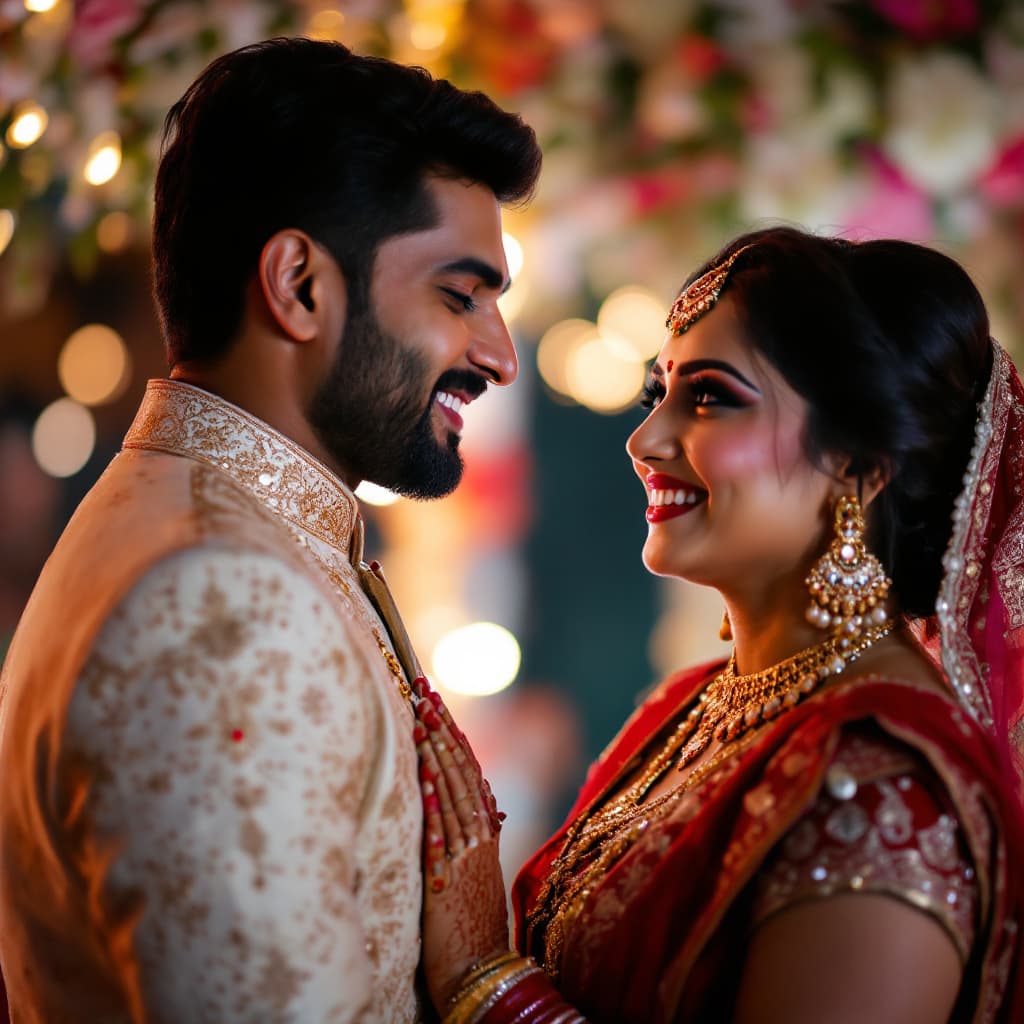 AI generated: Side Profile Closeup:
"A side profile shot of an Indian bride and groom gazing at each other with jo...