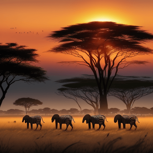 AI generated: A breathtaking savanna bathed in the warm hues of a vibrant sunset, where silhouettes of majestic el...
