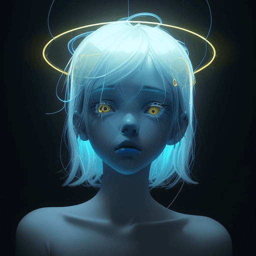 AI generated: a blue girl with the words " VLS" spinning around his head like a golden divine halo, in the style o...
