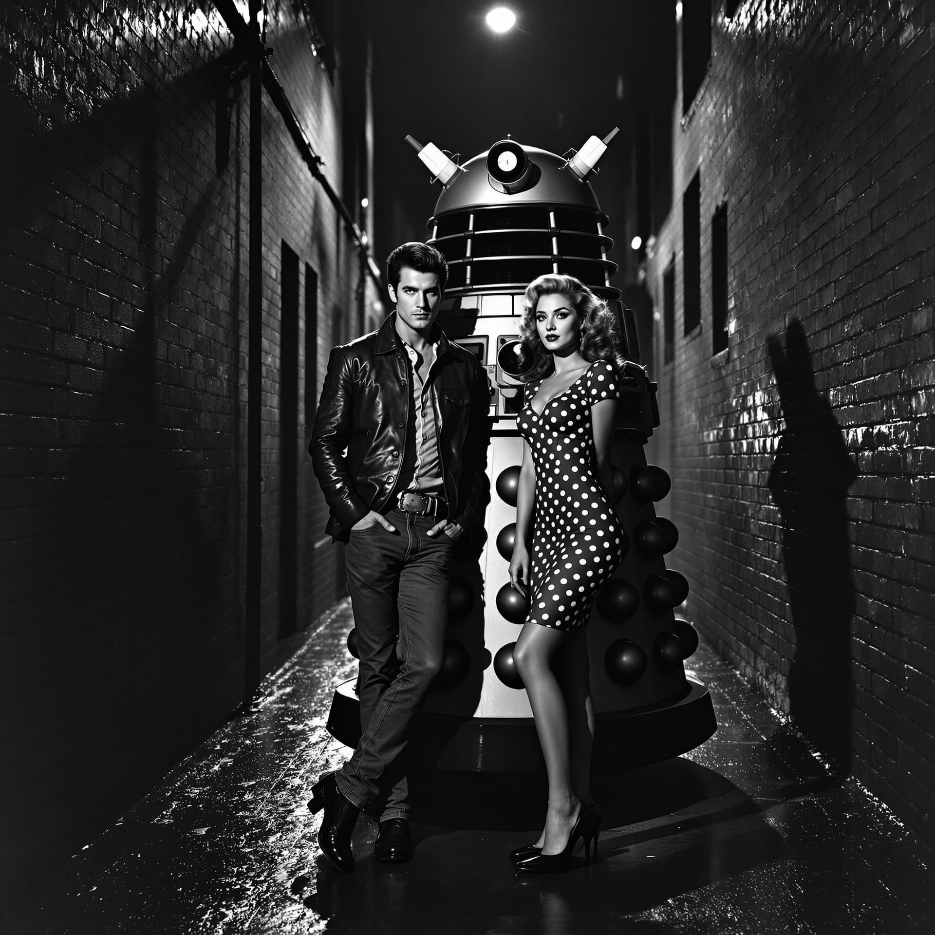 AI generated: "Depict a black-and-white 1950s action movie scene, photographed in the style of vintage film camera...