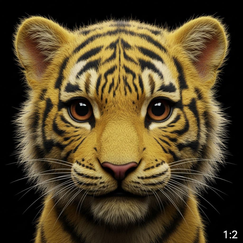AI generated: 一只3D立体渲染小老虎，真毛质感，毛发根根分明，有一双大大的水汪汪的棕色眼睛，泊头纹路清晰，超精细，风格复杂，异想天开，zbrush，黄色和黑色，paul barson，特写镜头，尖锐/多刺，kadi...