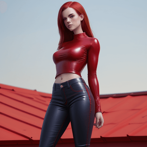 AI generated: red shirt, red latex jeans, country girl, standing on roof (detailed skin 1, 0)