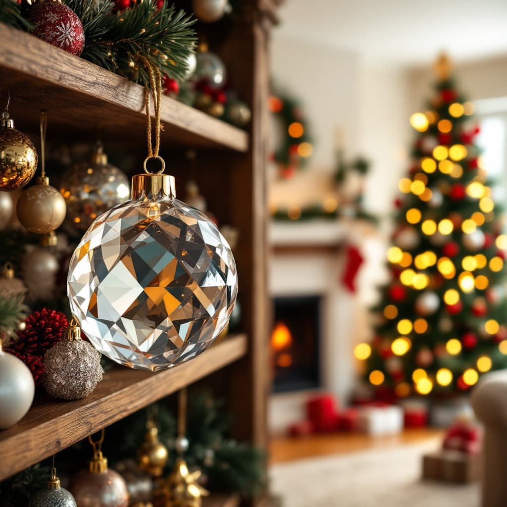 AI generated:  crystal ornament  . The shelf is filled with many Christmas ornaments. In the background, there is ...