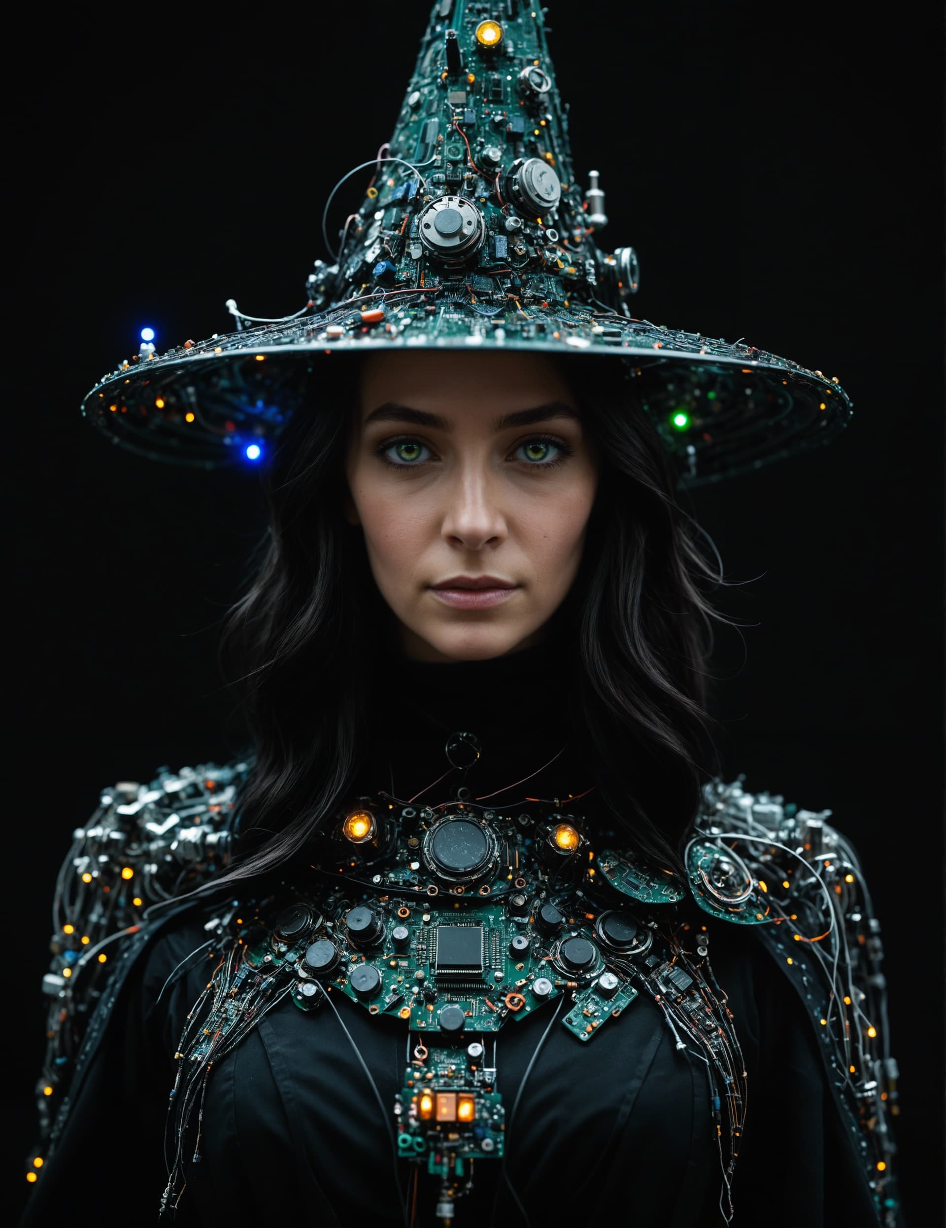 AI generated: an intricated circuitry of a witchy witch, adorned and crafted from using recycled electronic compon...