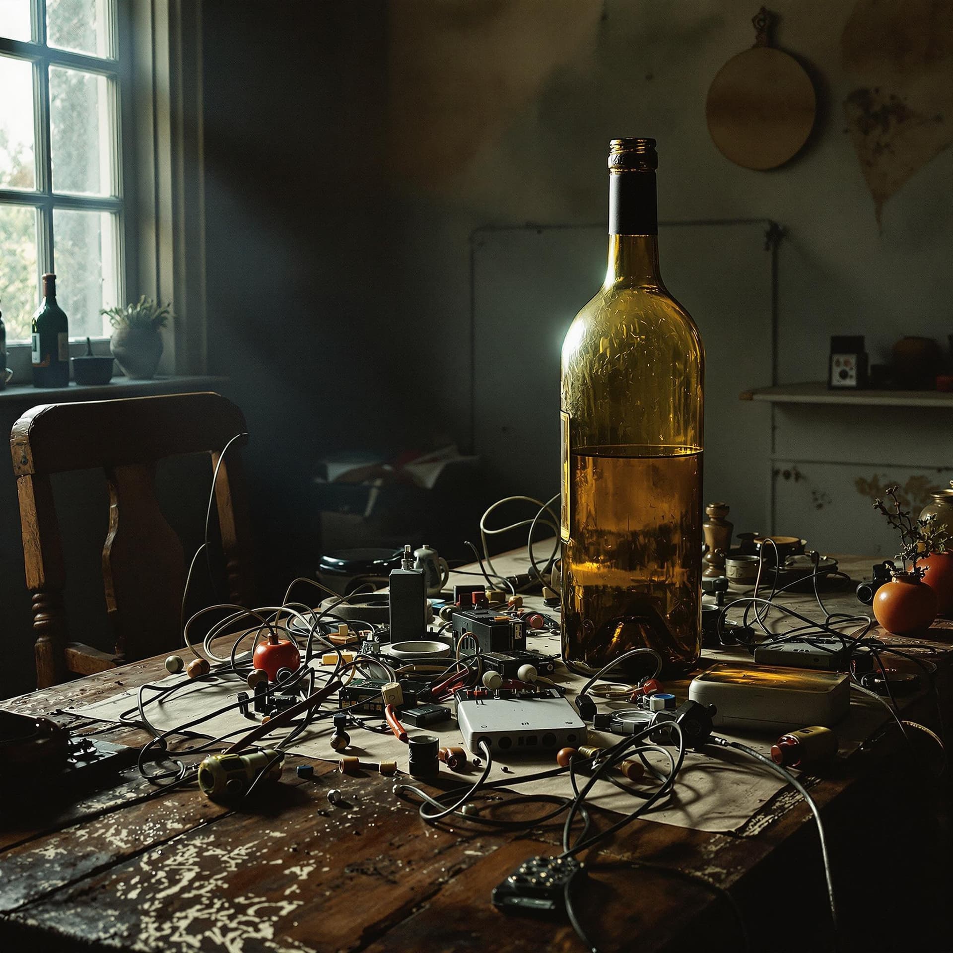 AI generated: A still live some large empty wine bottle and some electronic parts, cables and computer components ...
