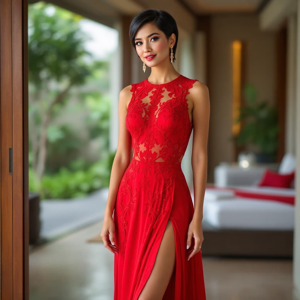 AI generated: A woman with short, black hair wearing a red, sleeveless, floor-length dress with intricate lace det...