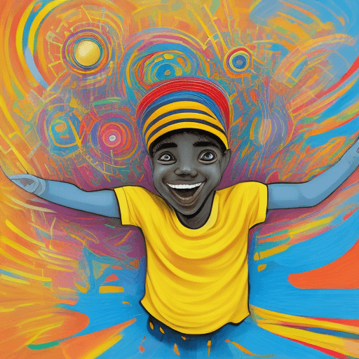 AI generated: "Design an expressive and vibrant illustration of a young black boy immersed in the joy of playing d...