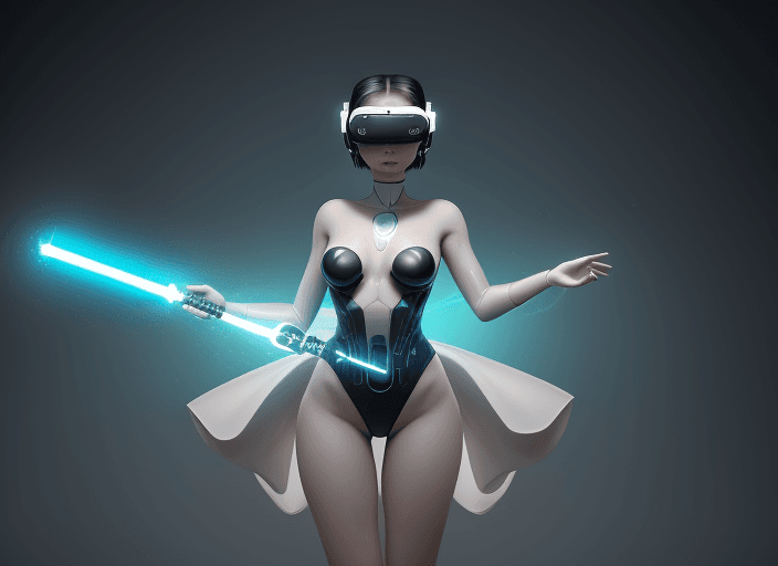 AI generated: Set against a digital landscape representing virtual reality, an elegant woman in a swimsuit stands,...