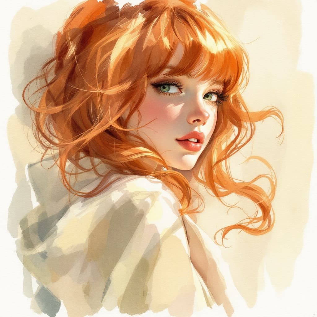 AI generated: Ginger girl posing, ambient lighting, watercolour art style. --ar 9:16 --p lhenyy6 --stylize 400
