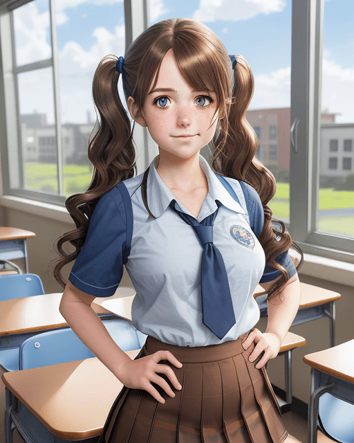 AI generated: girl, happy, wavy hair, hair over one eye, twintails, brown hair, best girl hair, school uniform, sc...