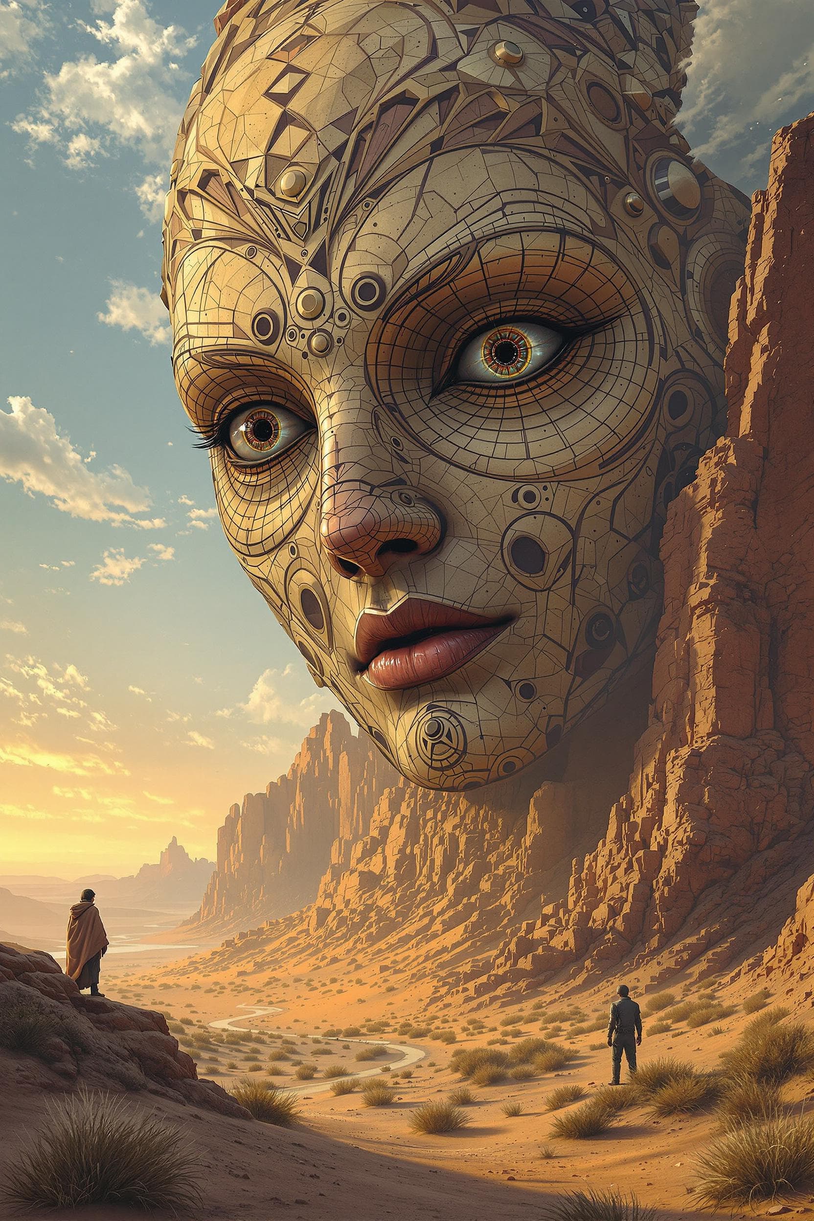 AI generated: large humanoid face with detailed and complex facial in the desert, a fantasy landscape in the style...