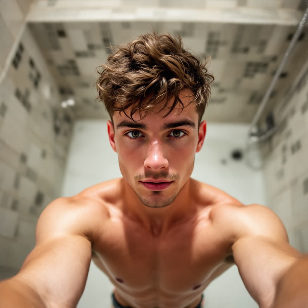 AI generated: 18 year old male, selfie, shot from above, Caucasian, short brown hair, muscular, in the shower, wid...