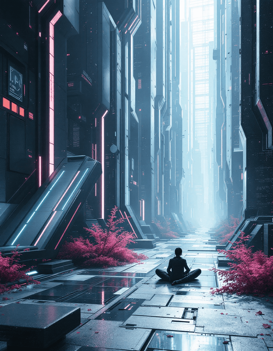 AI generated: A random strange image of a futuristic scenario in the style of Futuristic Grid Aesthetics employing...