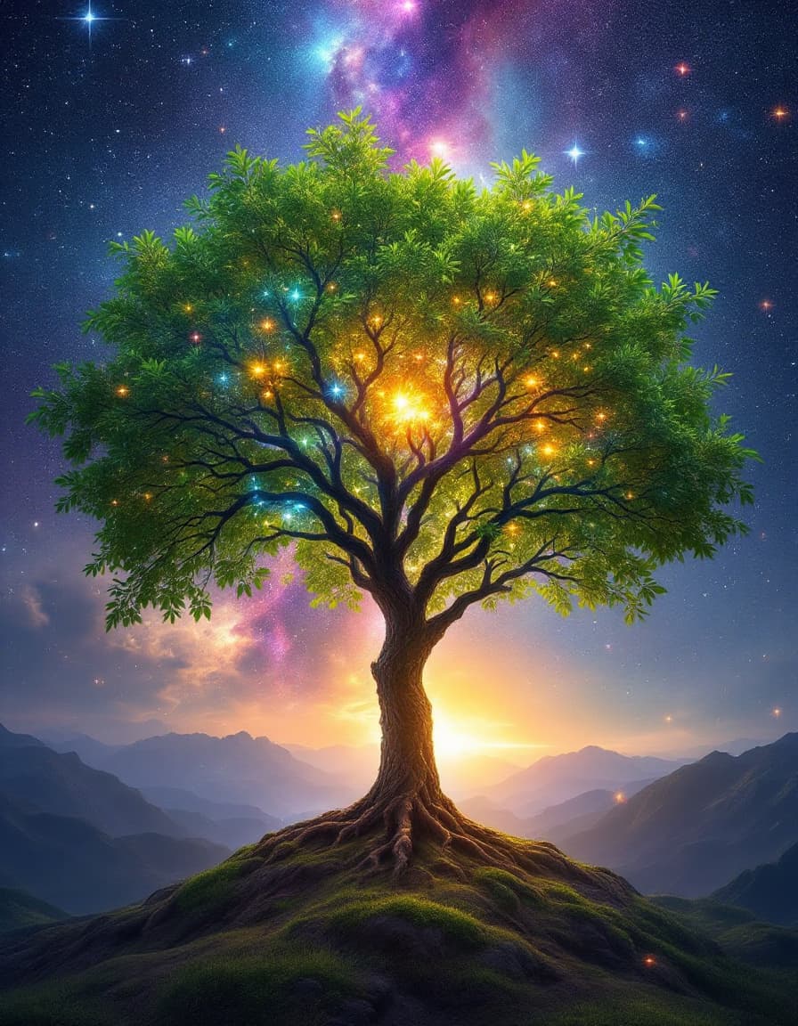 AI generated: <https://s.mj.run/5pNsVSE5cHI> The birth of Creation, a leafy Tree with energetic and colorful strea...