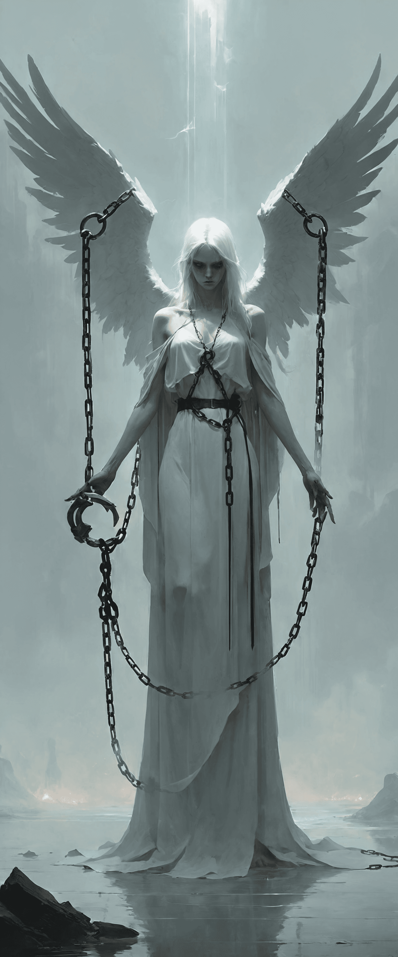AI generated: Minimalist style center focus, a scene of intrigue, angel in the style of angelarium, corrupted soul...