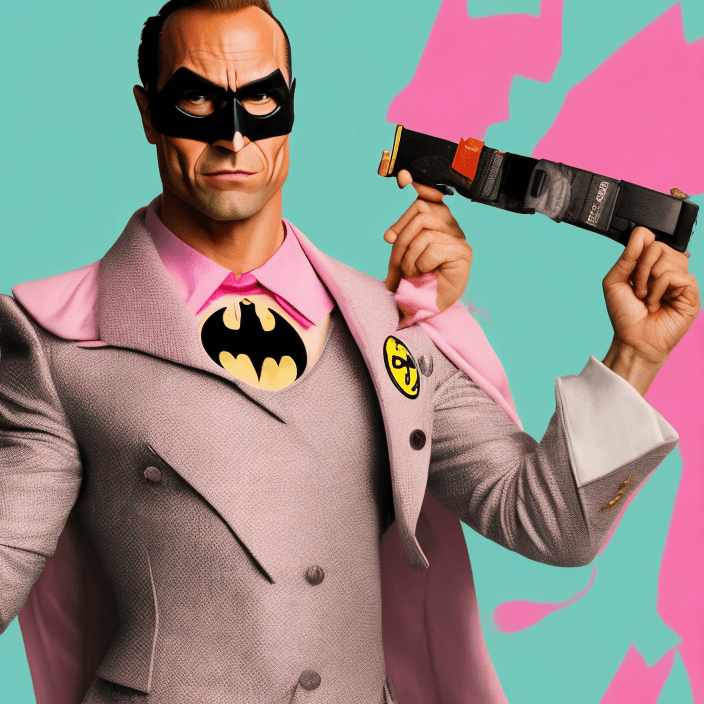 AI generated: Vogue style photo shoot of batman as character therock from the movie The Royal Tenenbaums pastel co...