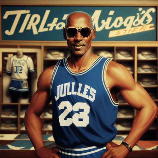 AI generated: Micheal Jordan with aviators on, in a sports vintage store, sign that says PJ's
