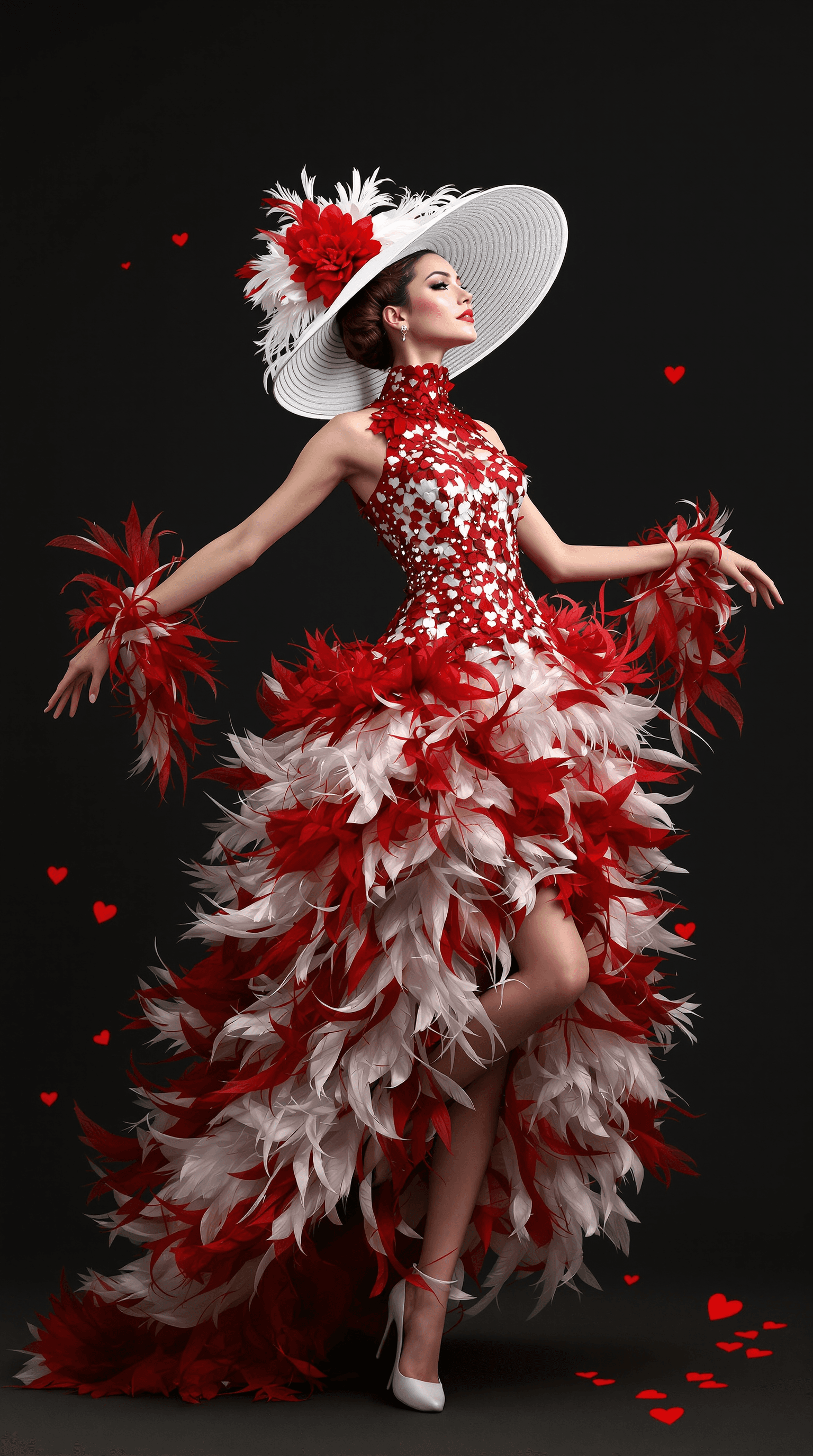 AI generated: A whimsical digital art piece captures a woman in a captivating pose, her long dress adorned with la...