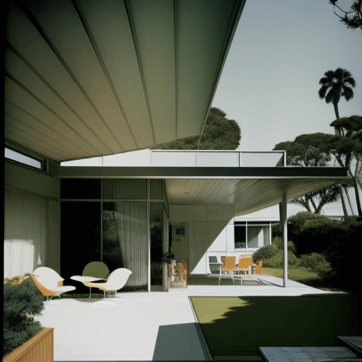 AI generated: Hyper realistic eye level exterior photo of a mid century modern style house overlooking the ocean, ...