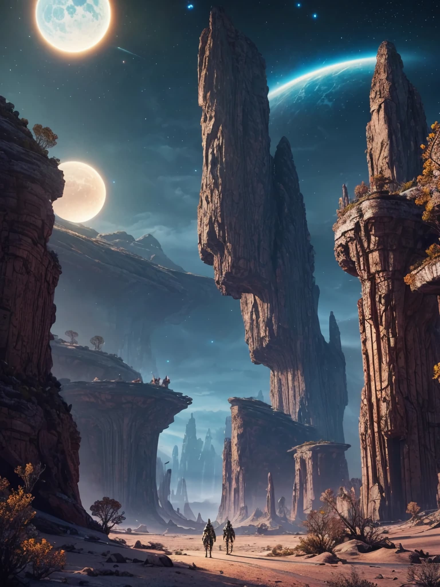 AI generated: Breathlessly beautiful landscape, mix of futuristic and medieval style on an alien planet, ultra-rea...