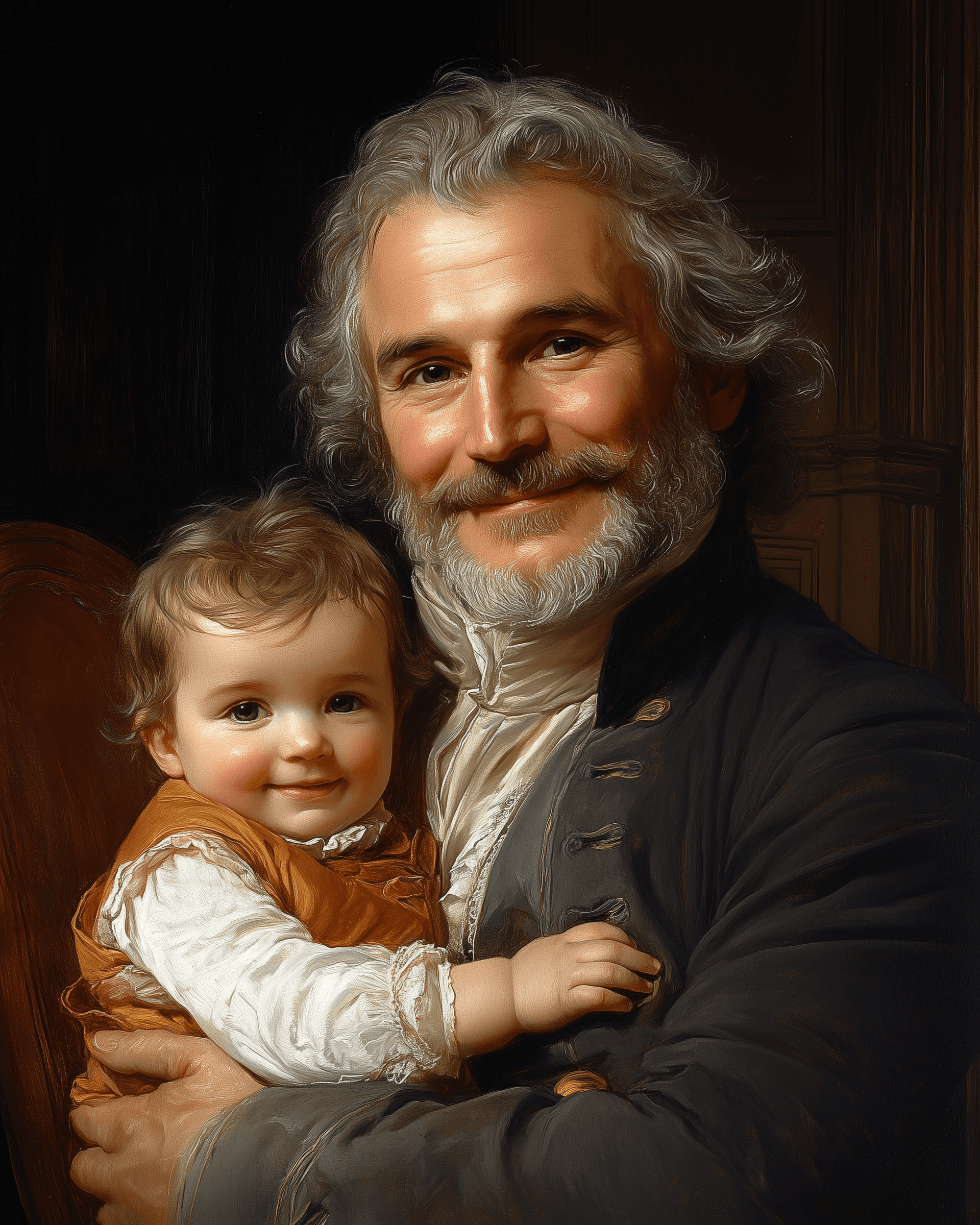 AI generated: Oil painting of a man with a long white wig, holding a baby in his arms and smiling at the camera, i...