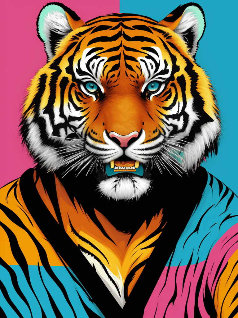 AI generated: Hawaiian artists, modern portrait series of a tiger in colorful wear, in the style of aggressive dig...