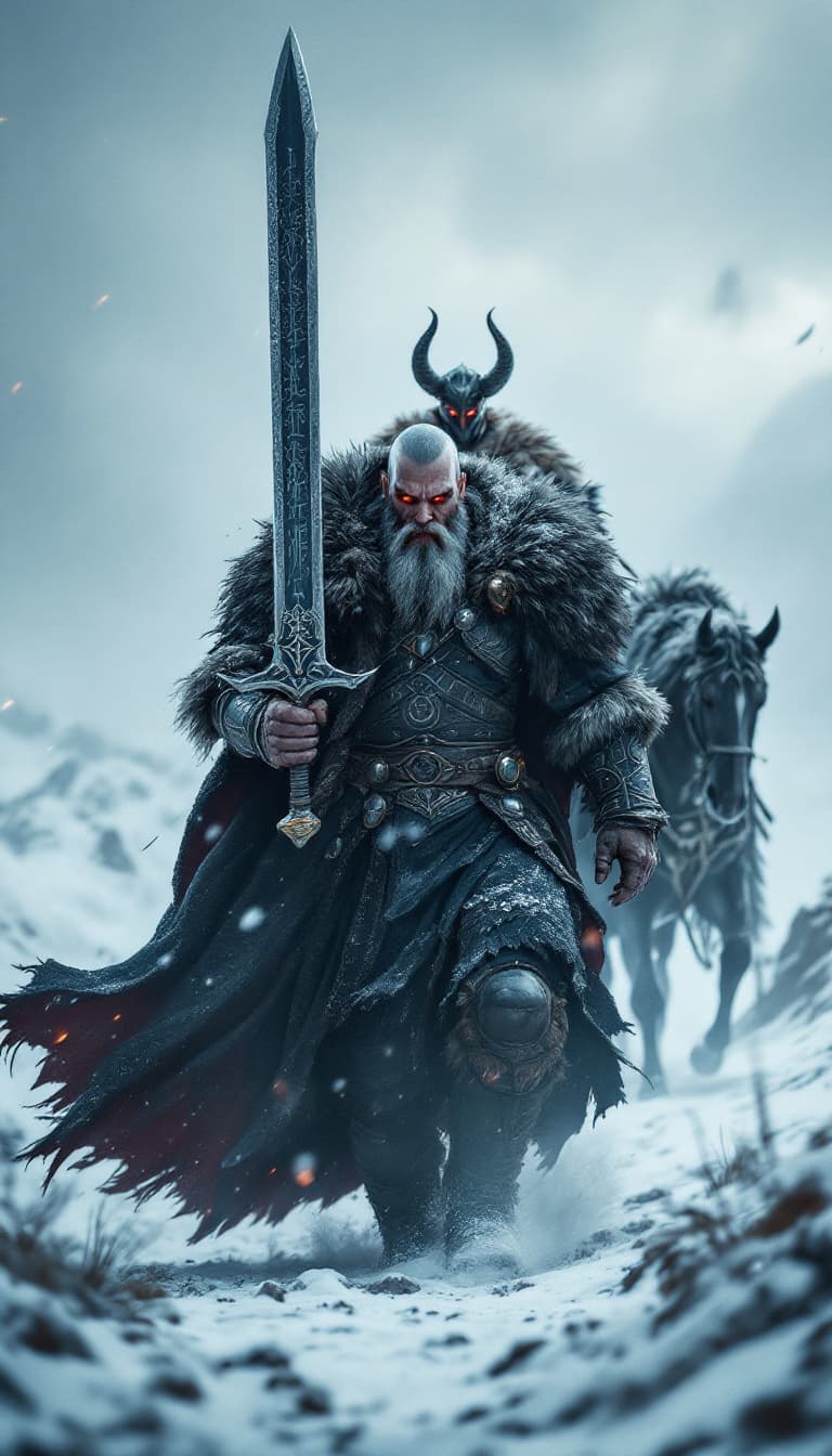 AI generated: An ultra-realistic, zoomed out, front facing full-body portrait of a towering Berserker, his fur-lin...