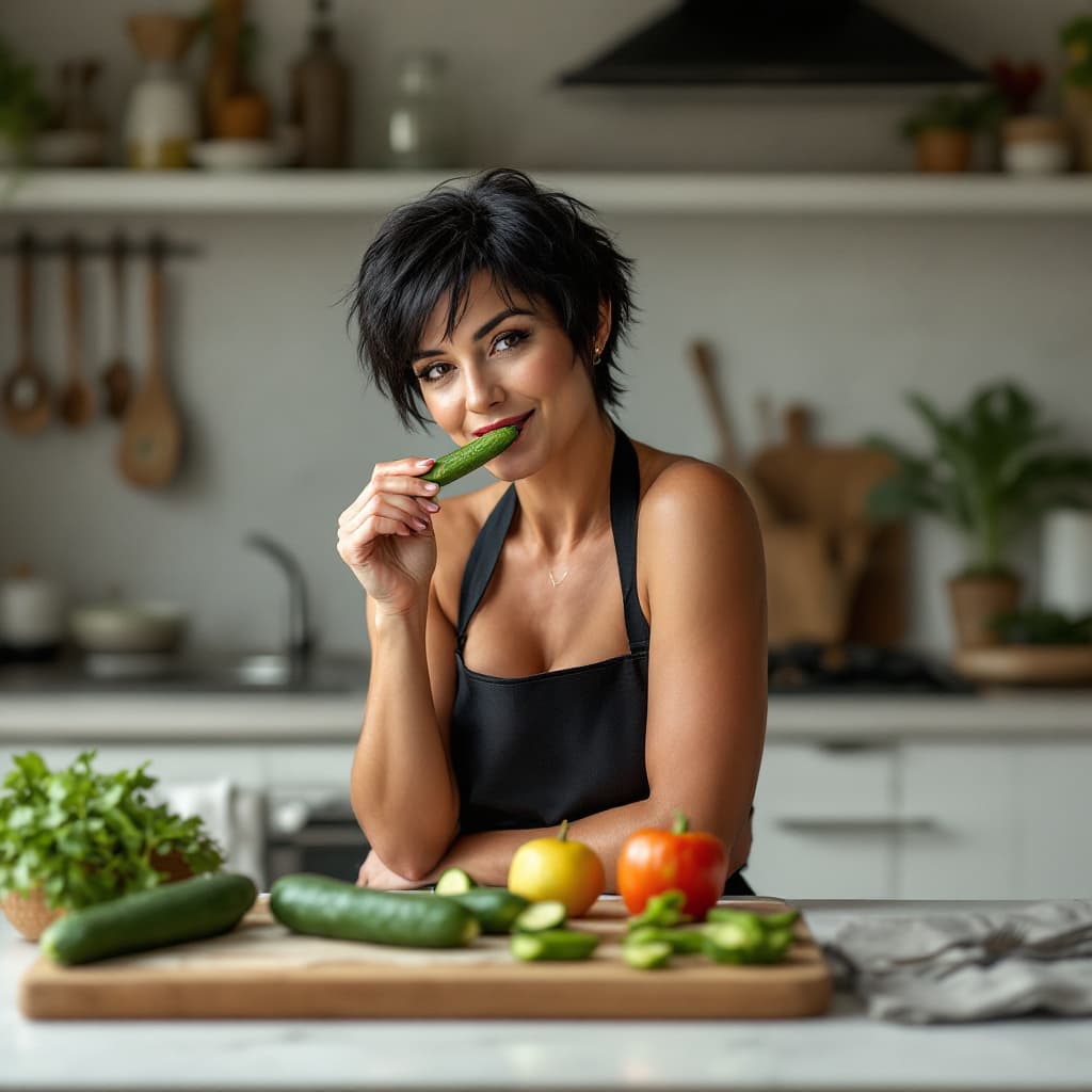AI generated:  50 years old mature woman, curve muscle    body, black pixie hair, wearing only black apron  in the...