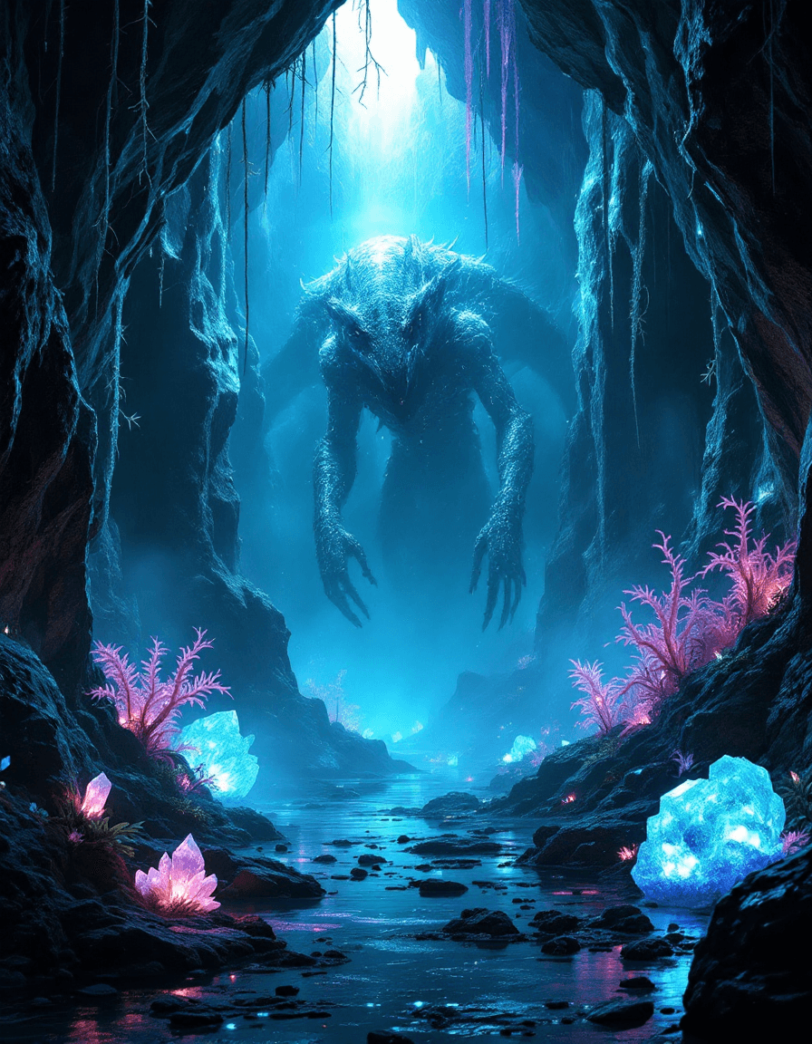 AI generated: A highly detailed, atmospheric alien cave system filled with damp, misty air and jagged stone format...