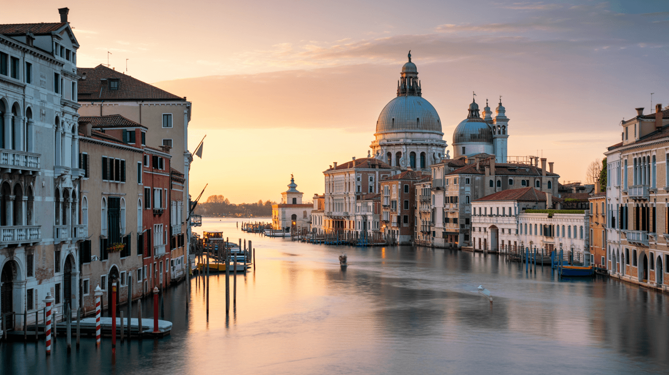 AI generated: Imagine a serene sunrise over the canals of Venice, with the soft, golden light reflecting off the w...