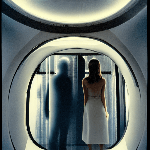 AI generated: shadows of a man and a woman standing opposite each other inside a spaceship. They are shooting arro...