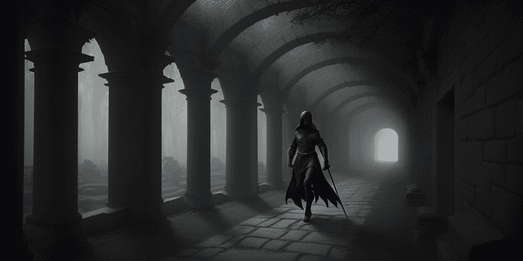 AI generated: The photo shows a figure in dark armor and hood holding a sword and walking through an ancient stone...
