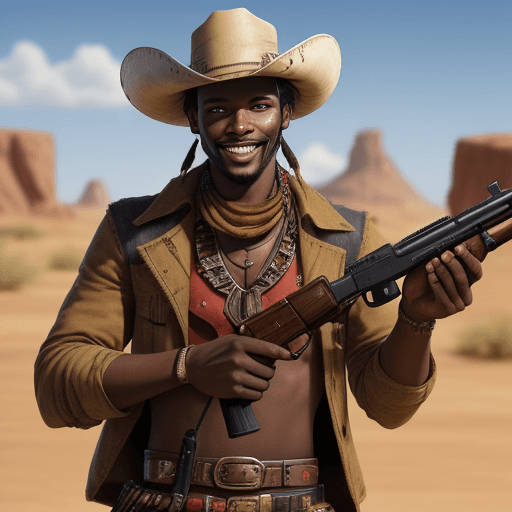 AI generated: a happy african gunslinger, wild west style, 8k, shooting with a revolver, with a long beart, 