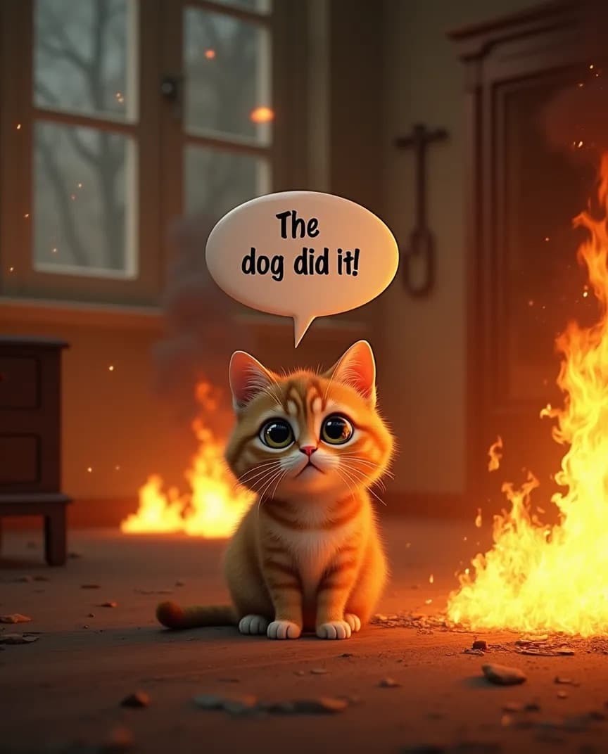 AI generated: A photorealistic image of a calm, innocent-looking cat sitting in the middle of a burning room. Flam...