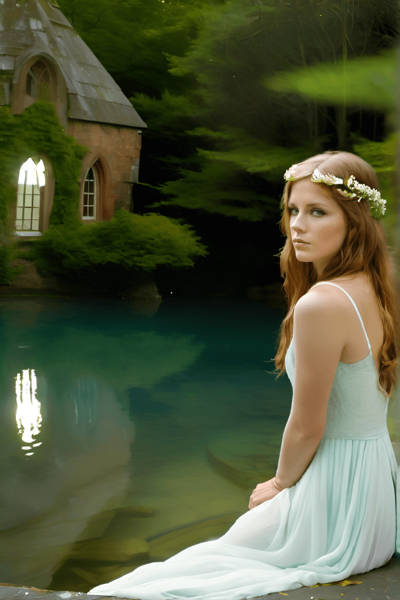 AI generated: Full Body, photograph of, a 32 year old Celtic woman, (freckles:0.6), sitting beside a crystal clear...