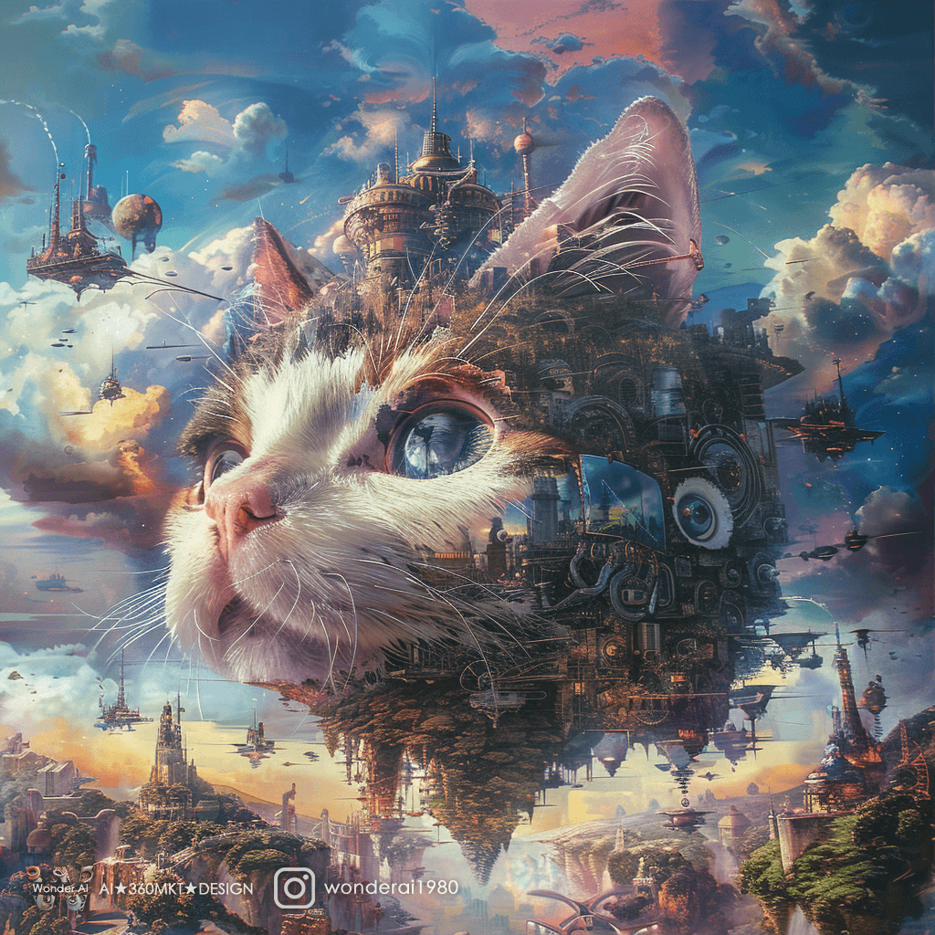 AI generated: a broken cute cat head with different landscapes around it, in the style of de.tailed skies, photore...