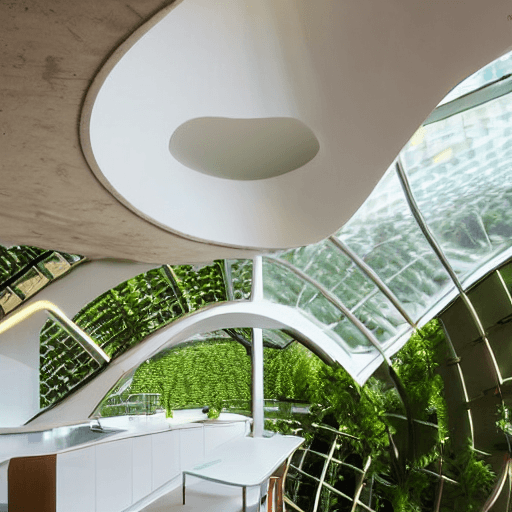 AI generated: futuristic, curvilinear, interior, minimal kitchen, terracotta clay, arches, tall coffered ceilings,...
