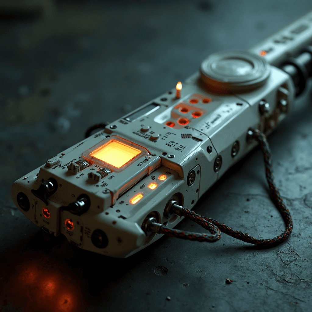AI generated: unusual white futuristic sleek illuminated with info-leds device mechanism with toggle switches wire...